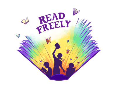 Read freely Rainbow open book with 3 young people silouetted in front reading and small book butterlies floating out. Text: Read freely.