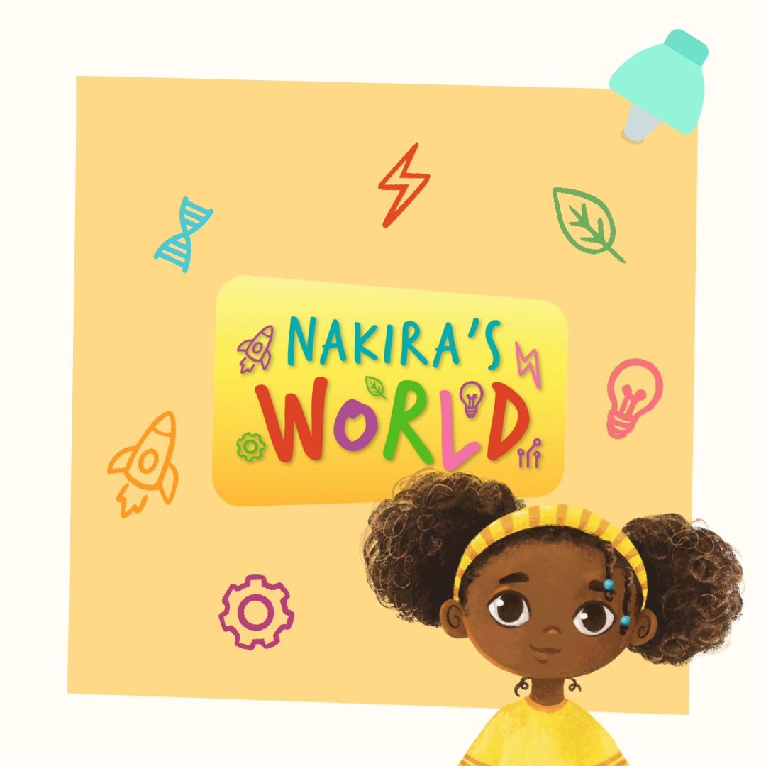 Illustration of Nakira with STEM symbols in background and colorful words: "Nakira's World"