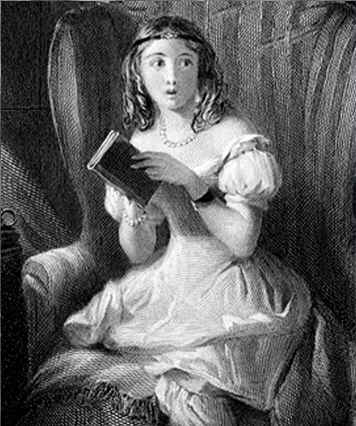 black and white painting of girl holding a book in a large arm chair looking like she saw something spooky