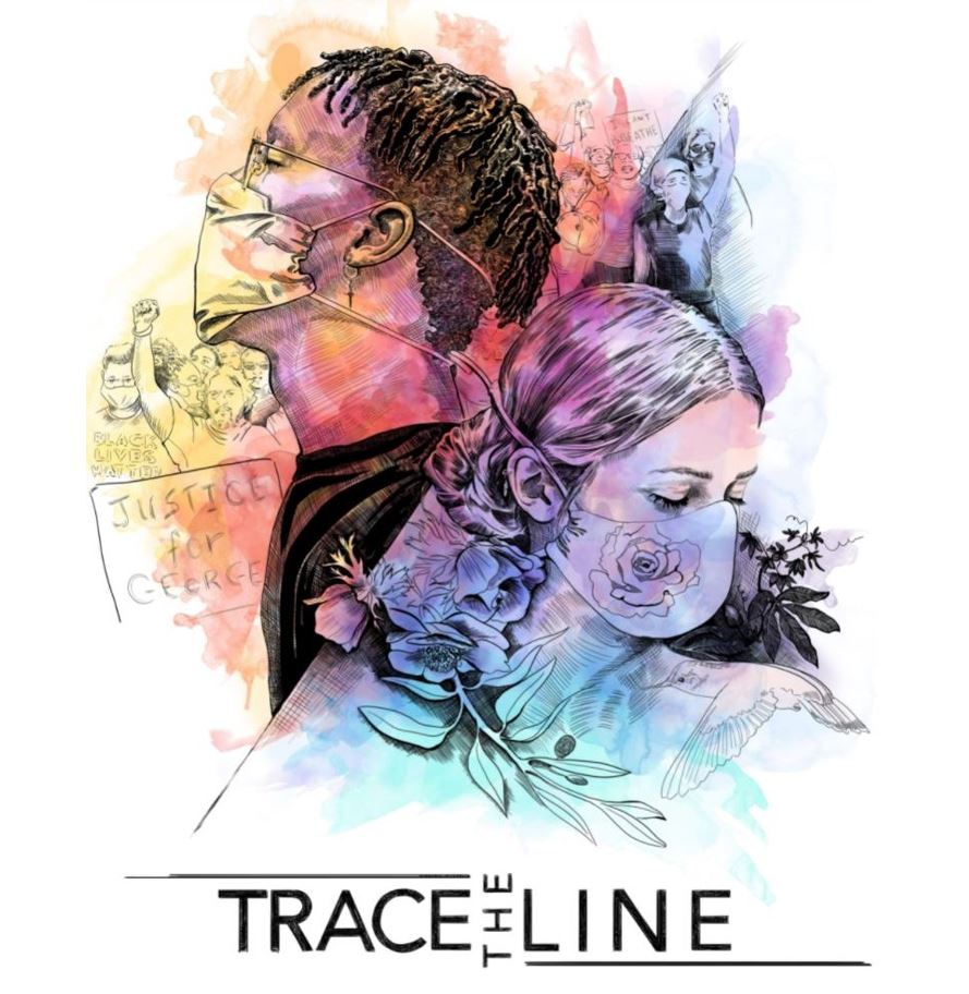 Illustrated logo (text: Trace the Line) with a Black man on the left, images of George Floyd protests in background in red, orange and yellow, and white woman on the right, images of flowers around her in greens, blues and purples. The two are both wearing face masks, standing back to back and looking away from one another with a slash in between them. 