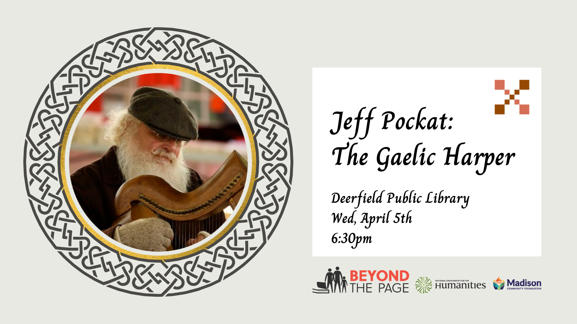 image of jeff pockat (older white man with long, full white beard) wearing a cap and playing a wooden harp. Deerfield Public Library. Wed, April 5th. 6:30pm.