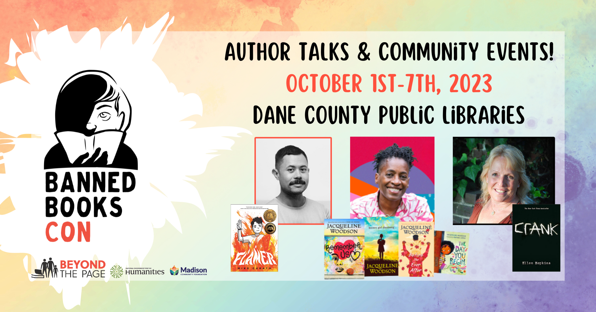 Banned Books Con banner with images of Mike Curato, Jaqueline Woodson and Ellen Hopkins