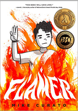 Book cover: Flamer by Mike Curato. Black & white illustration of teen boy holding hand in boy scout sign with bright red, orange and yellow flames surrounding him.