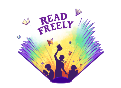 Rainbow open book with 3 young people silouetted in front reading and small book butterlies floating out. Text: Read freely.