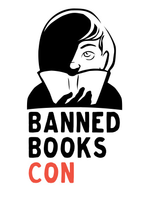 Banned Books Con. Black & white graphic novel style illustration of a person reading a book with half their face in shadow.